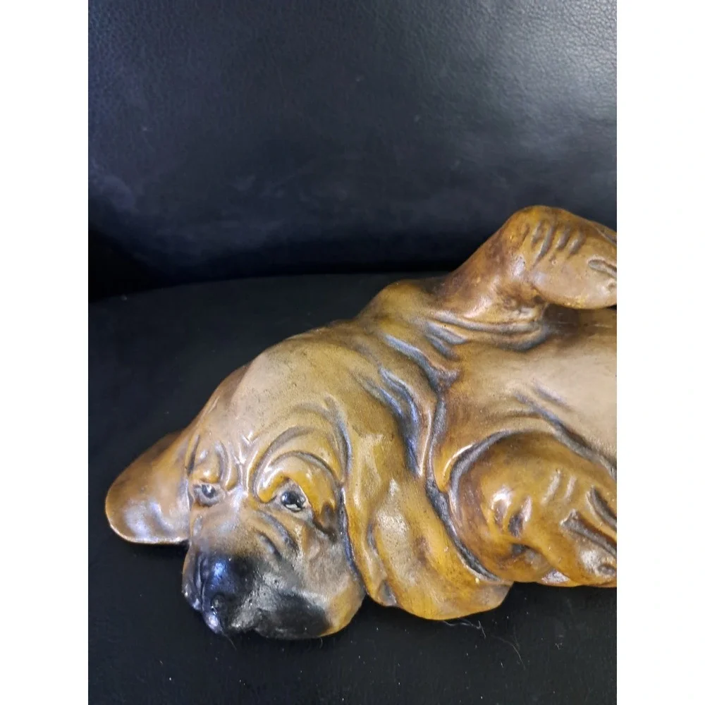 Vintage Chalkware Bassett Hound Dog Sad Eyes Laying On His Back Brown Black 12 